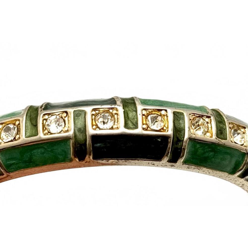 Green Enamel Hinged Bangle Bracelet w/ Rhinestones – Gold Tone – Vintage Style - Picture 6 of 8